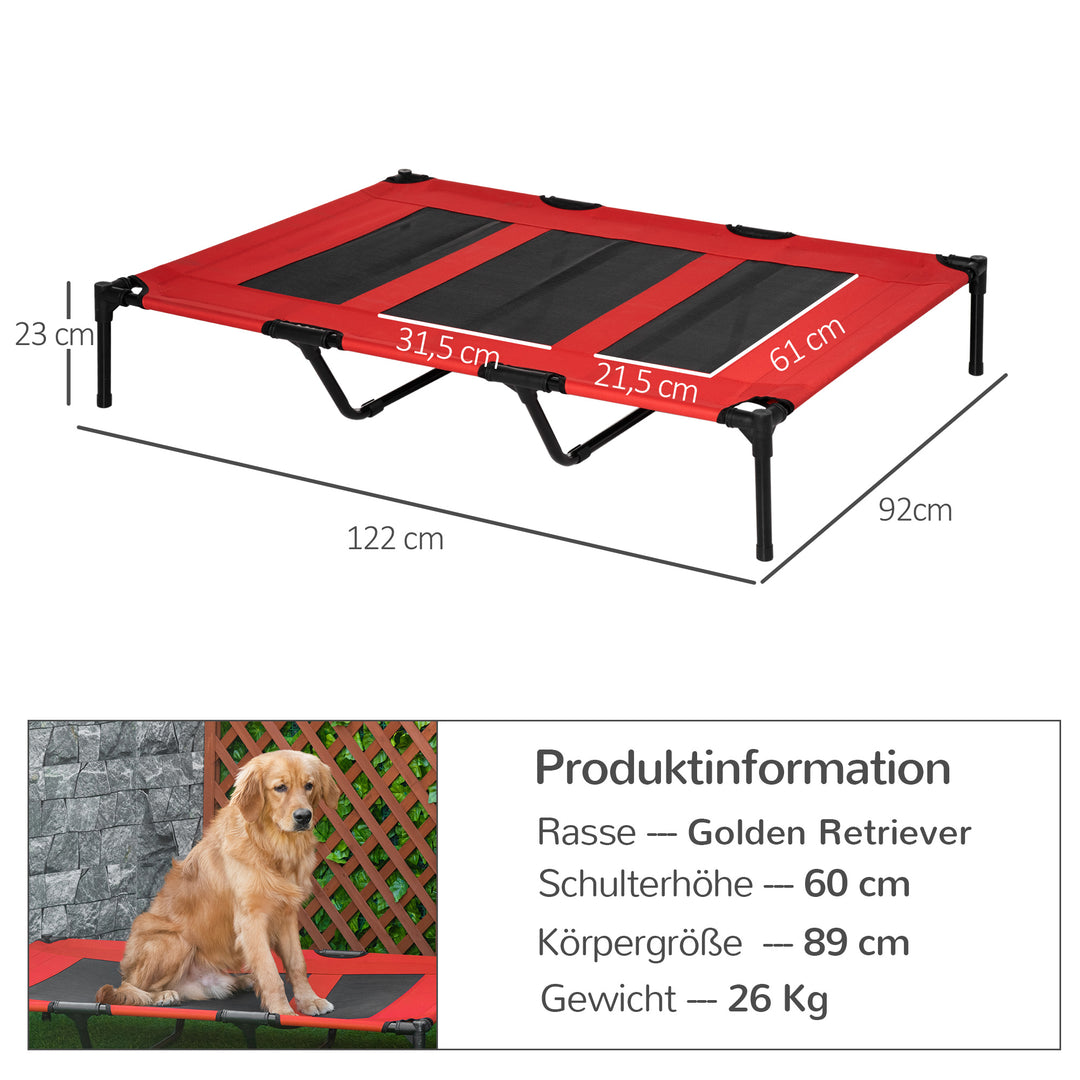 Sammenklappelig højdejusterbar hundeseng til udendørs brug, 122 cm x 92 cm x 23 cm, rød + sort