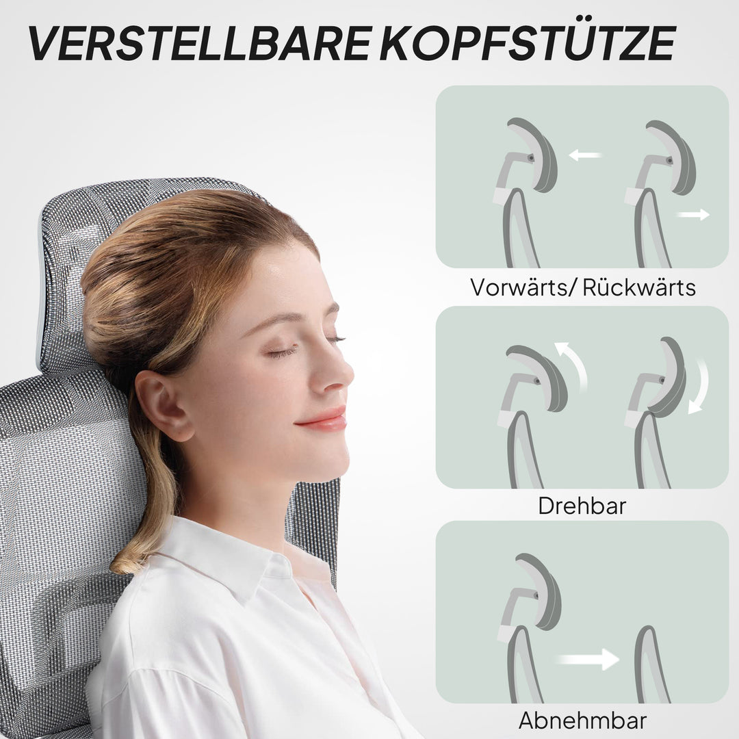 Kontorstol, ergonomisk skrivebordsstol med betræk af netstof, justerbar, mobil, med armlæn og nakkestøtte, grå