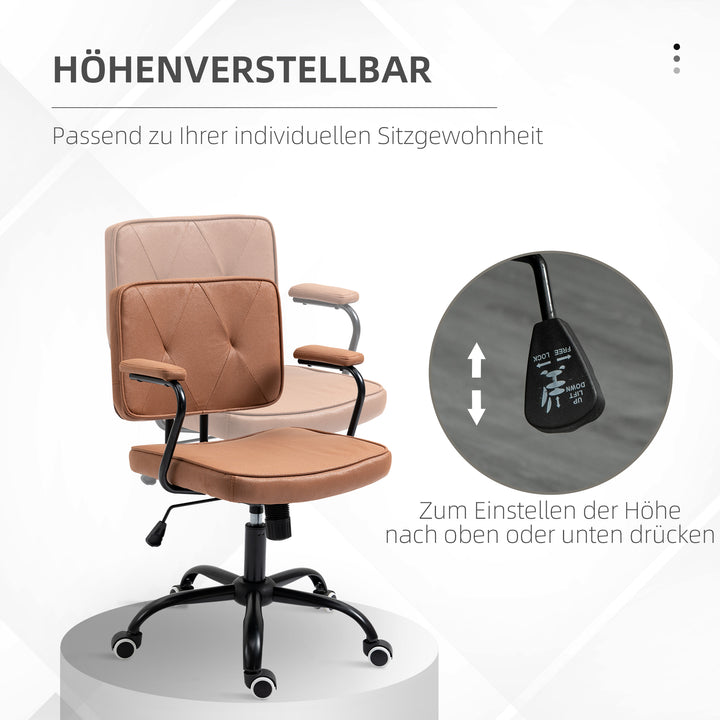 Kontorstol med hjul, drejestol, skrivebordsstol til kontoret, højdejusterbar med vippefunktion, 360° rotation, vipbar, skum, brun, 61 x 58 x 82-91 cm
