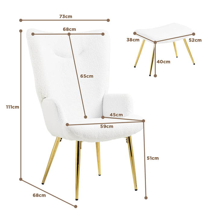 Wingback-stol med fodskammel, høj ryg, sherpabetræk, forgyldte metalben, op til 120 kg, hvid