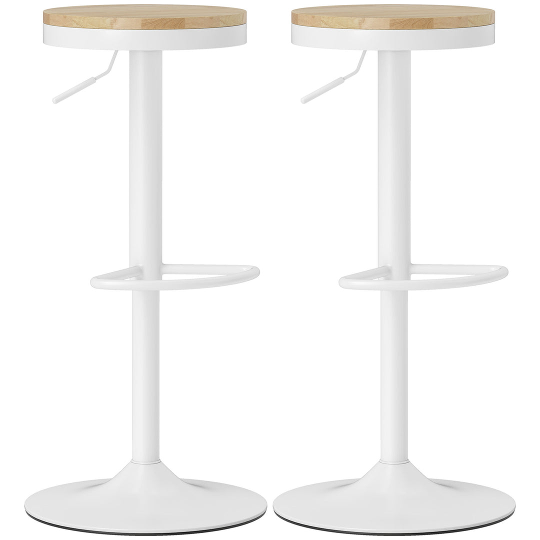 Barstolsæt med 2, højdejusterbar, 360° drejelig, med stålstel og fodstøtte, 38,5x38,5x60-80 cm, naturtræ + hvid