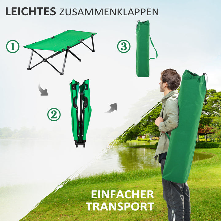 Campingseng, klapseng med sidelomme og kopholder, lasteevne op til 136 kg, stål oxford grøn + sort, 190 x 65 x 40 cm
