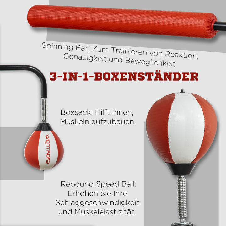 Boksestativ, to speedballs, roterende boksestang, sparkpude, højdejusterbar, stål, 107 x 36 x 140-205 cm