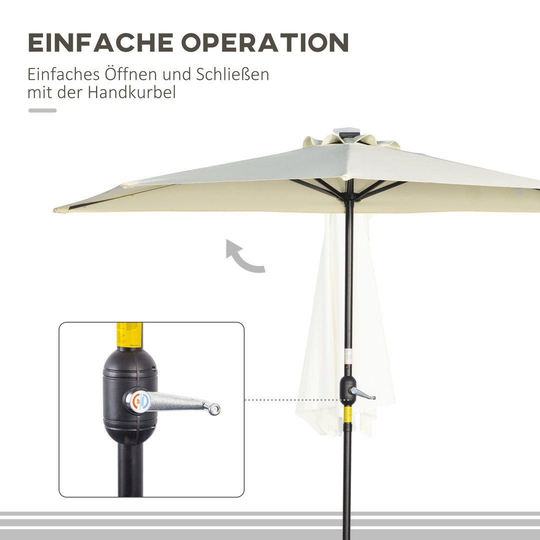 Parasol, terrasseparasol, halvrund, med solpanel, 20 led'er, håndsving, beige, 2,70 x 1,35 x 2,40 m