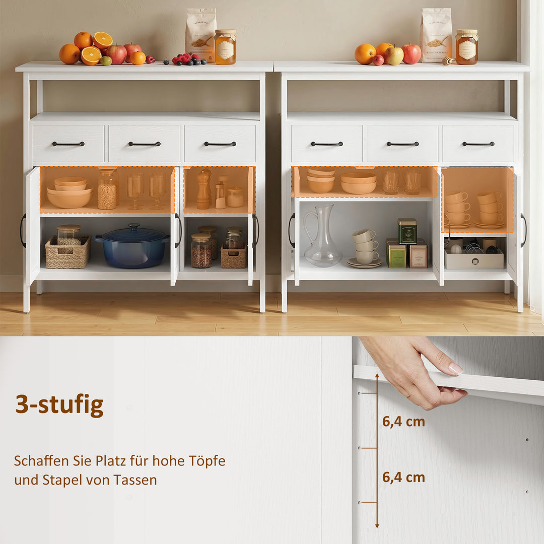 Skænk med justerbare hylder, buffetskab med 3 skuffer, 3 døre, 95 cm, hvid