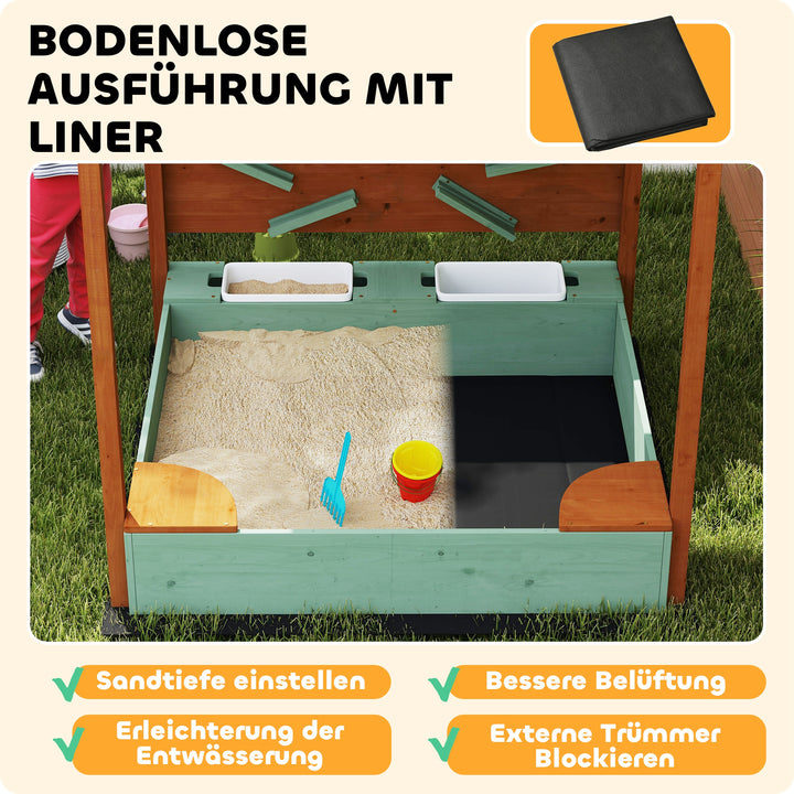 Sandkasse med soltag til børn, 2 opbevaringsbeholdere, 116l x 112,5b x 128h cm, grantræ, plastik, grøn