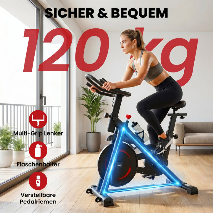 Motionscykel, højdejusterbar, med app, magnetisk modstand, justerbar LCD-skærm, styr, telefonholder