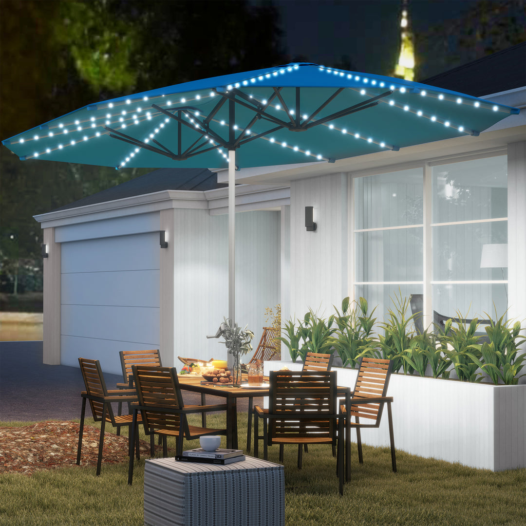 Dobbeltparasol med solcellelamper, aluminium, polyester, upf 50+ beskyttelse, uv-resistent, terrasseparasol, blå