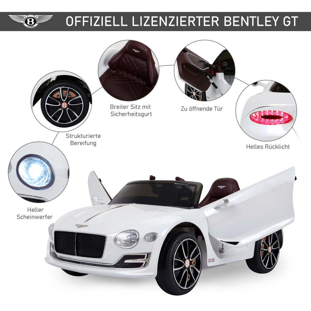 Bentley GT børnebil, officielt licenseret elektrisk kørebil med fjernbetjening, 2 x 390 motorer, hvid, 108 x 60 x 43 cm