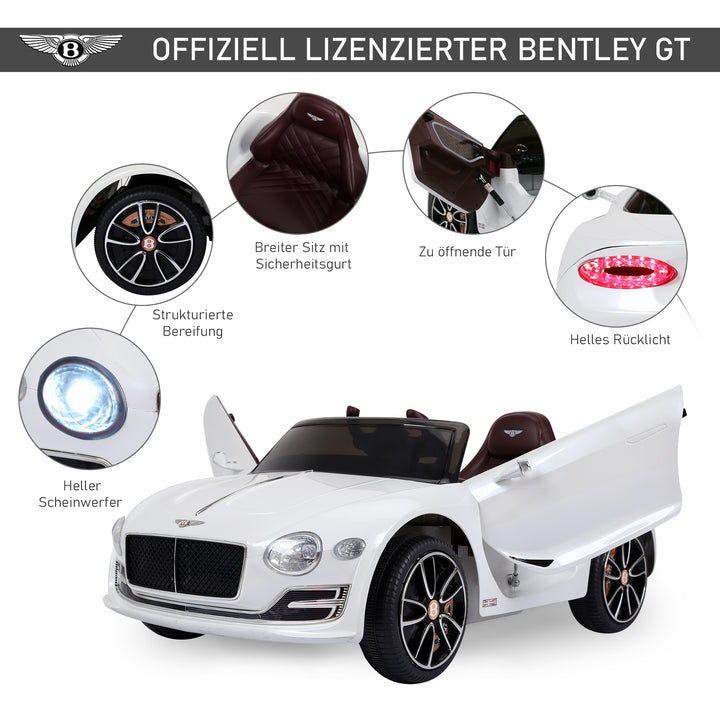 Bentley GT børnebil, officielt licenseret elektrisk kørebil med fjernbetjening, 2 x 390 motorer, hvid, 108 x 60 x 43 cm