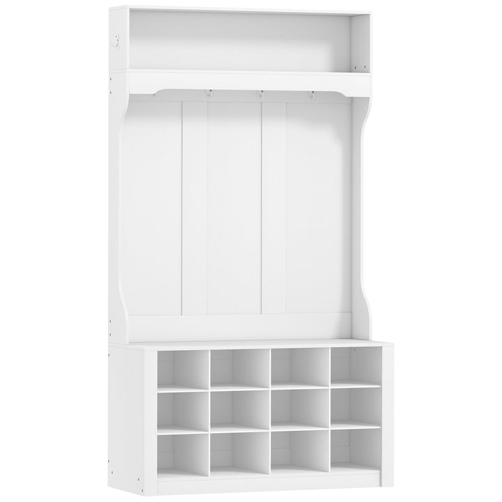 Garderobe med hylde, bænk, kroge, skorum, spånplade, MDF, hvid