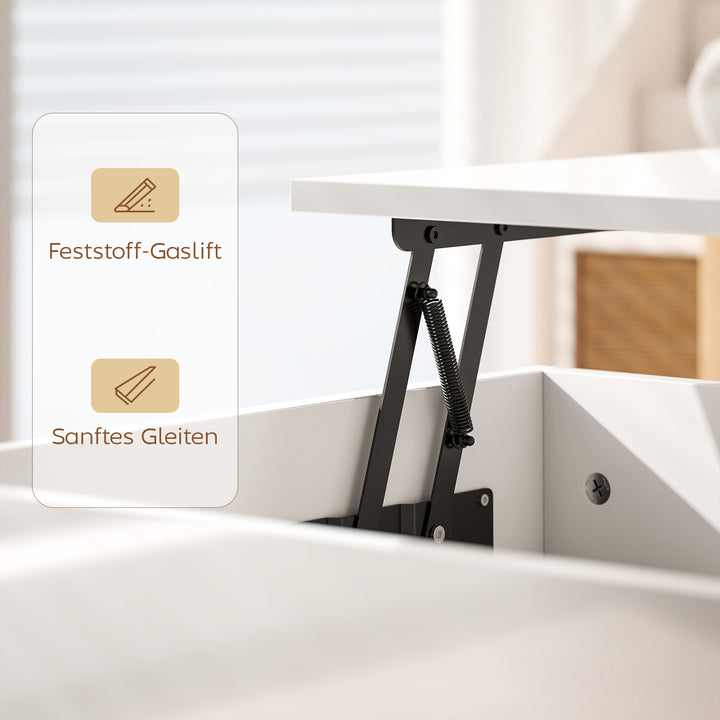 Højdejusterbart sofabord, moderne stuebord med skjult opbevaring og 2 skuffer, hvid højglans