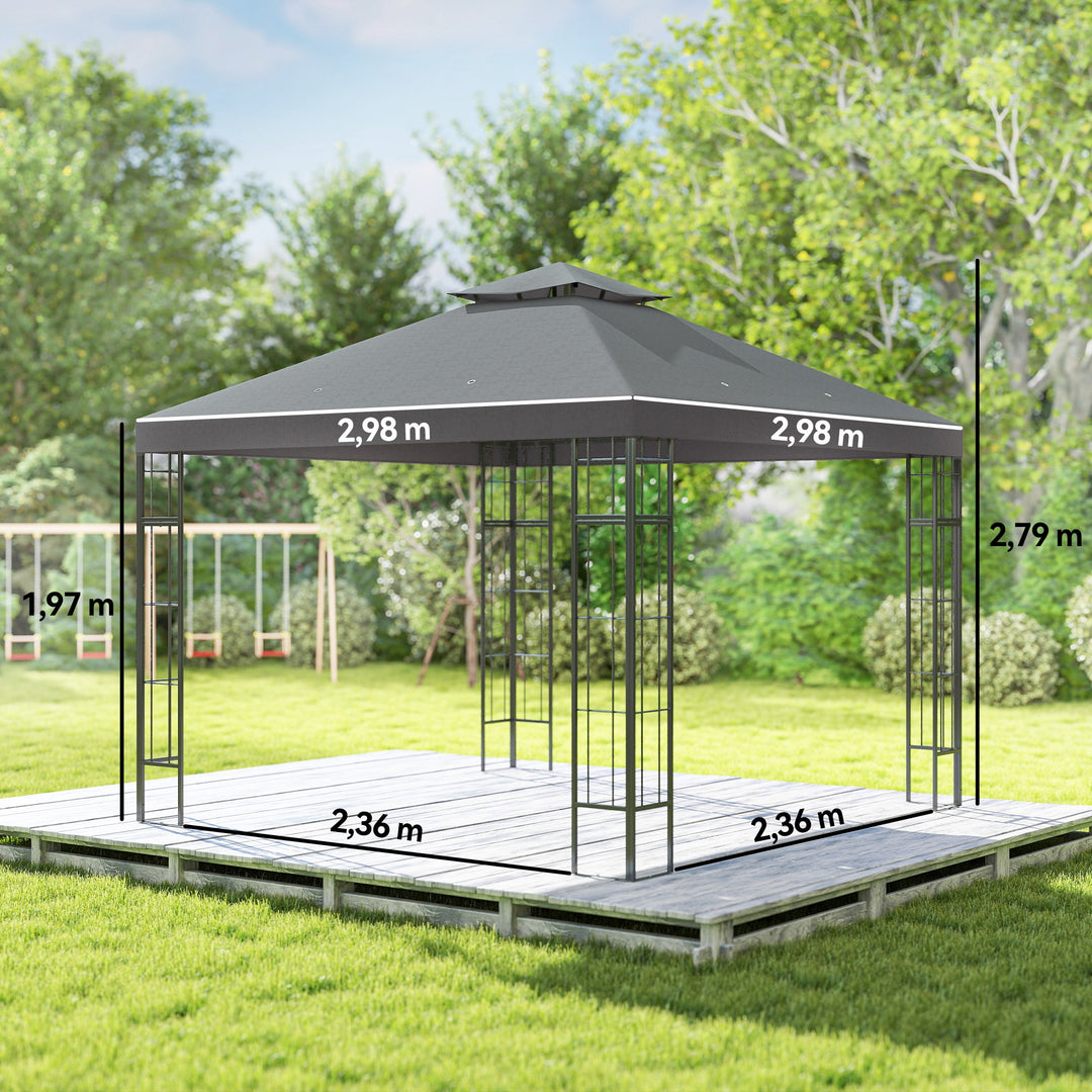 3 X 3 m havepavillon, 2-lags tagdesign, uv30+ beskyttelse, uv-resistent, solskærm, metalramme, mørkegrå