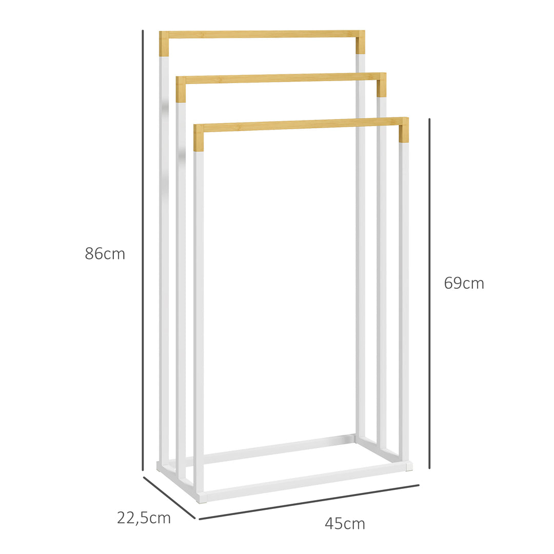 Kleankin håndklædeholder håndklædeholdersæt med 3 håndklædestænger, industrielt design, bambus, 45 x 22,5 x 86 cm, hvid + naturlig