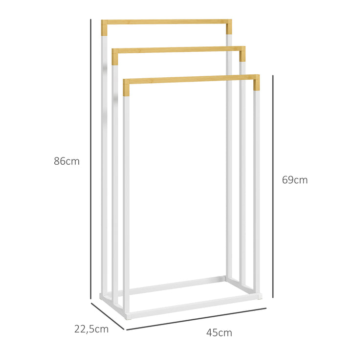 Kleankin håndklædeholder håndklædeholdersæt med 3 håndklædestænger, industrielt design, bambus, 45 x 22,5 x 86 cm, hvid + naturlig