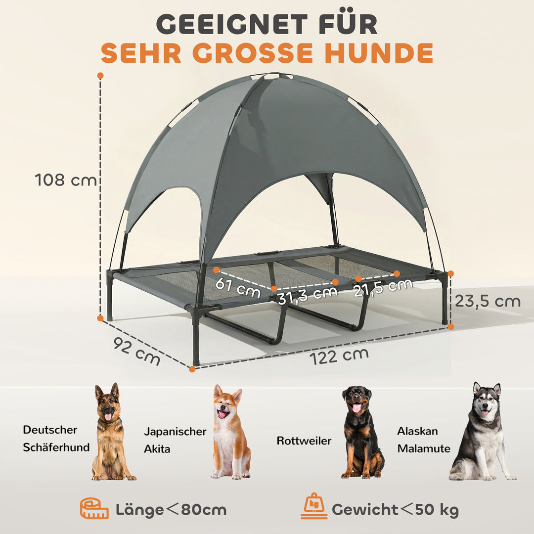 Forhøjet hundeseng med baldakin, kæledyrsseng, udendørs hundeseng med tag, åndbar, taftstof til camping, grå, 122 x 92 x 108 cm