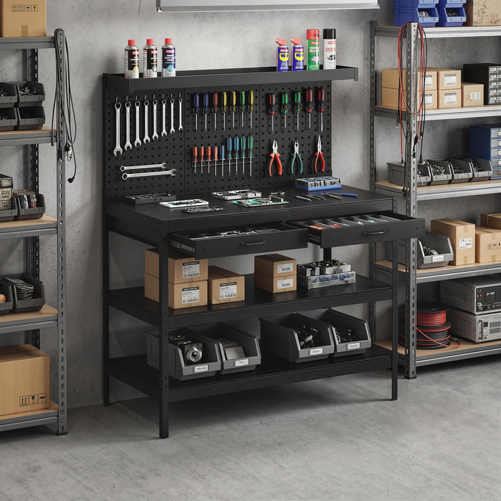 Arbejdsbord med justerbare hylder, robust arbejdsstation med hulbræt og 2 skuffer, 122 x 61 x 156 cm, sort