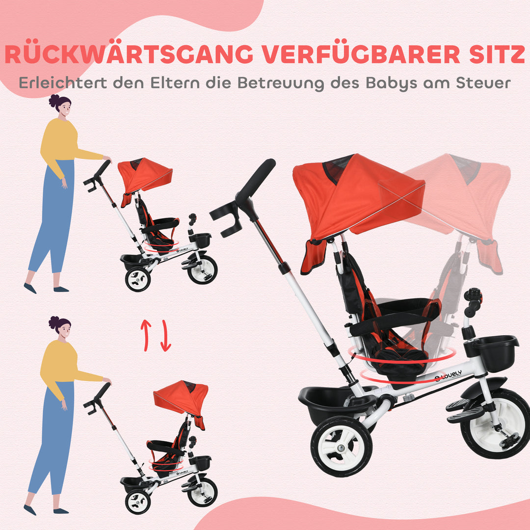 6-I-1 børnetrecykel med skubbehåndtag, kaleche, sele, opbevaringskurv, 18+ måneder, rød