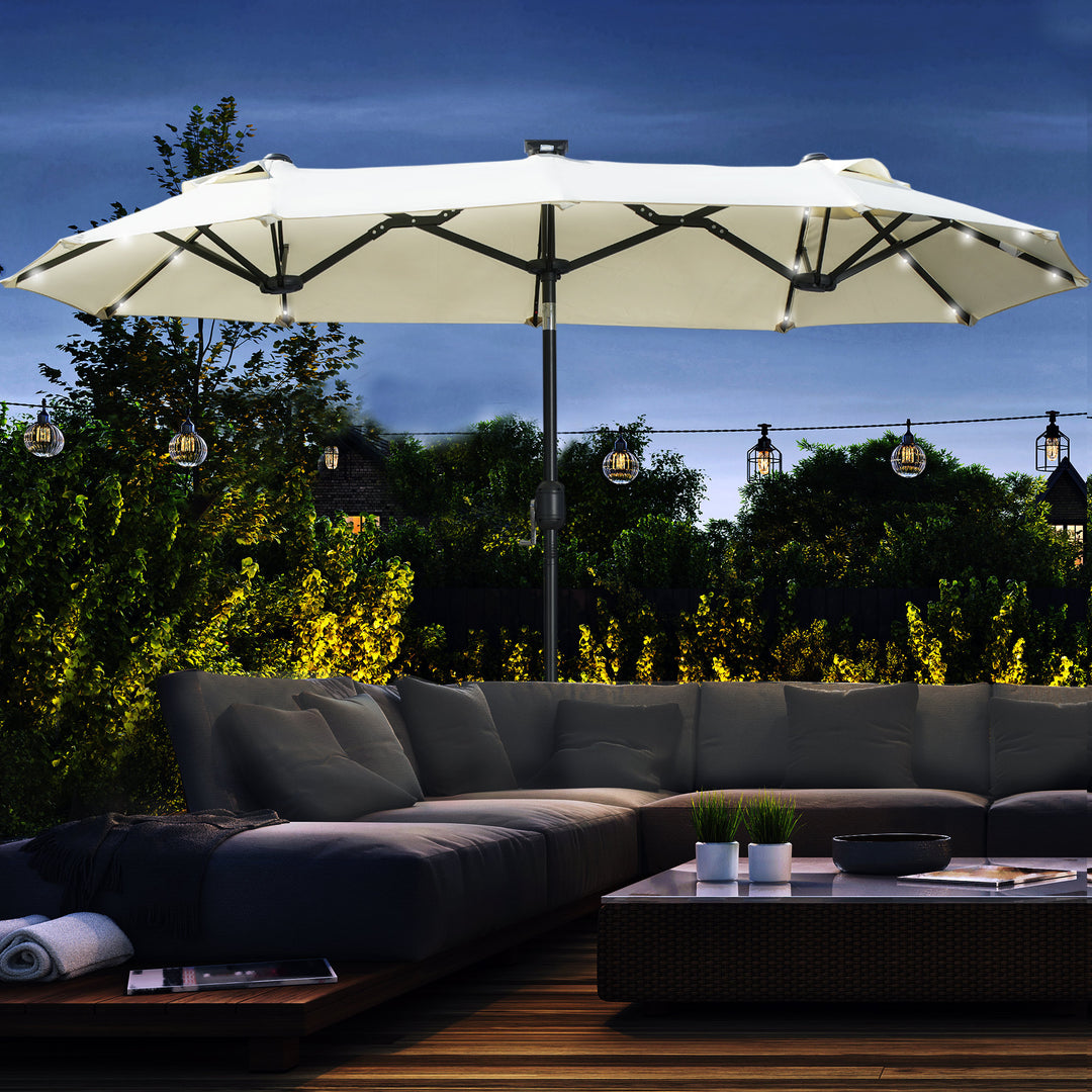 Dobbelt parasol, terrasseparasol, vipbar, med solpanel, 35 LED'er, stålramme, beige, 2,92 x 1,50 x 2,18 m