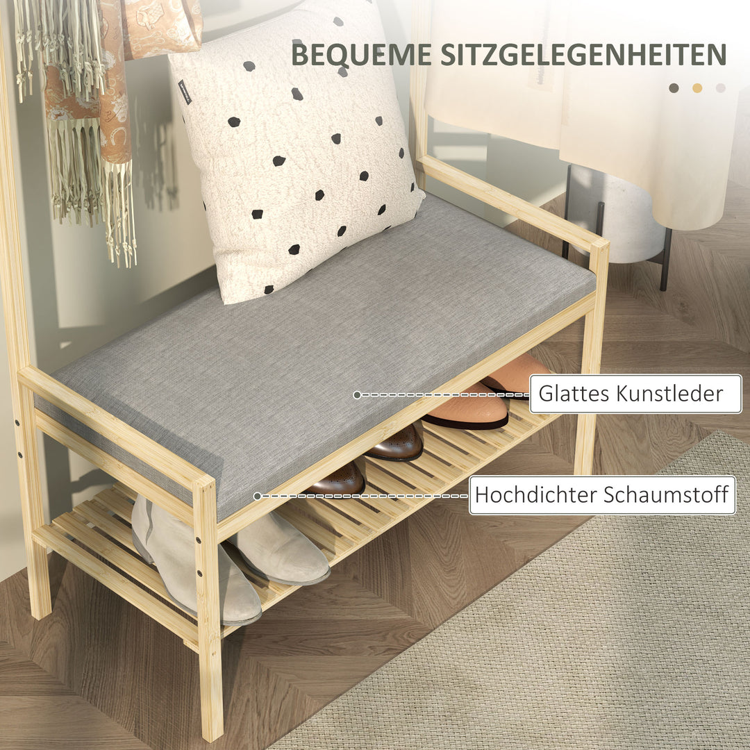 Garderobe med skobænk, bøjlestang, 10 knagerækker, skohylde, bambus