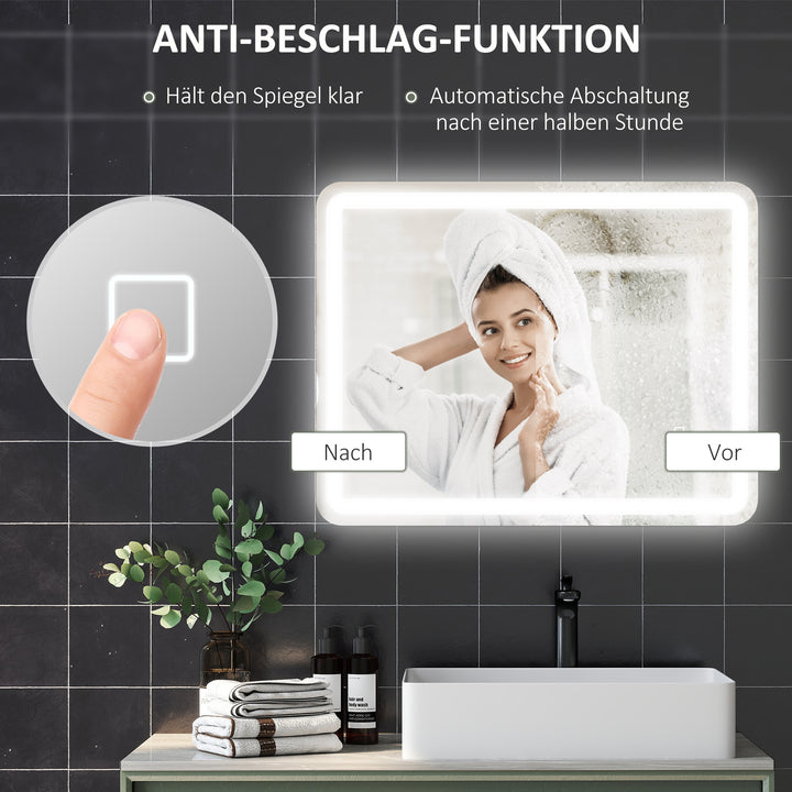 Badeværelsesspejl, belyst, touch-betjening, antidug, dæmpbar, 3 lysfarver, 70x90, sølv