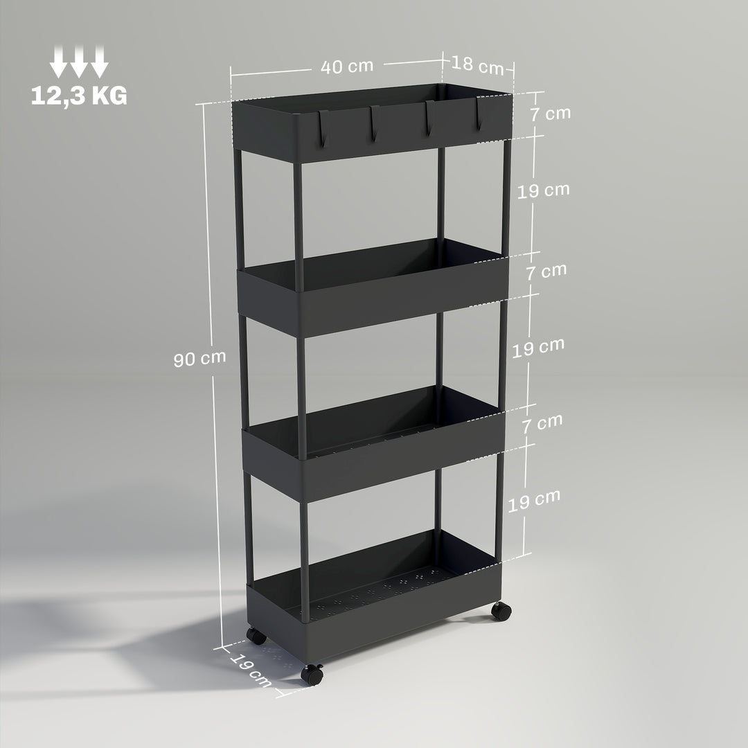 Køkkenvogn med 4 hylder, 4 fleksible kroge, 4 hjul, 40 cm x 19 cm x 90 cm, nichevogn, sort
