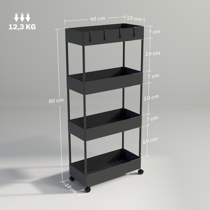 Køkkenvogn med 4 hylder, 4 fleksible kroge, 4 hjul, 40 cm x 19 cm x 90 cm, nichevogn, sort