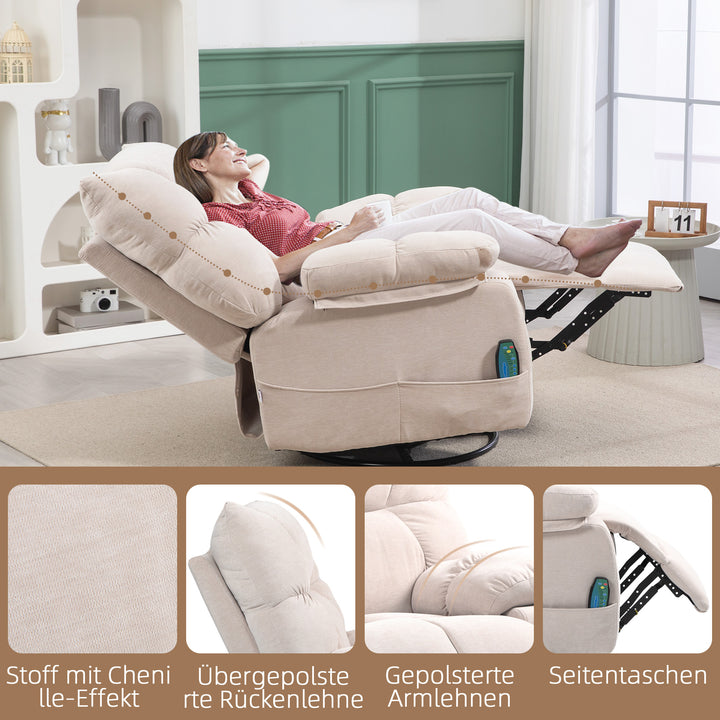 Massagestol med varme- og lænefunktion, drejelig, op til 150 kg, metalstel, 98 x 90 x 98 cm, beige