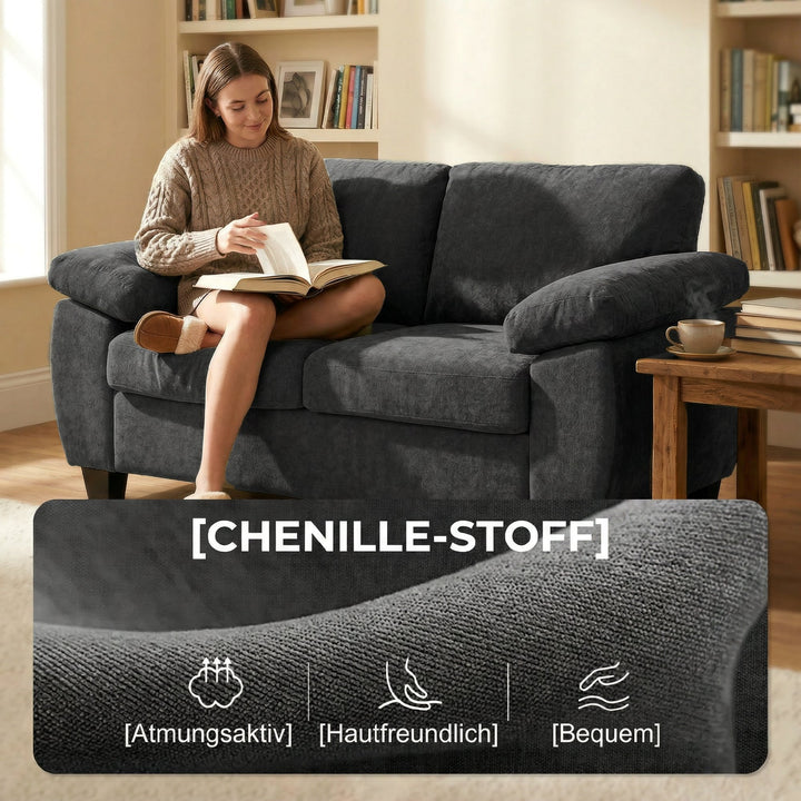 2-personers sofa, 156 cm chenillesofa med tykke fjederkernehynder, brede polstrede armlæn, 300 kg lasteevne, mørkegrå