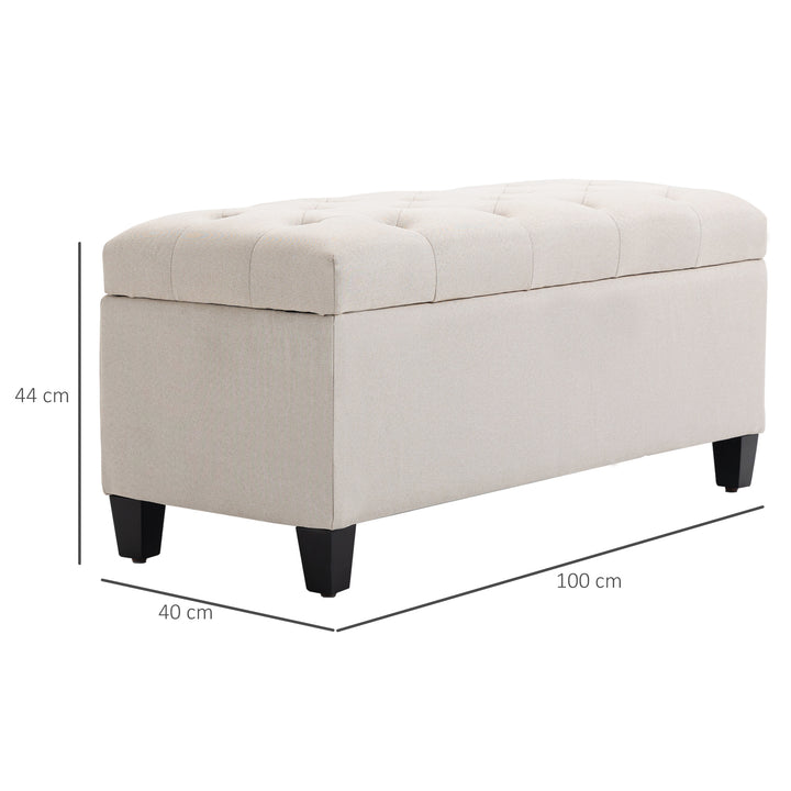 Bænk polstret bænk med opbevaringsplads kommodebænk entre soveværelse stue hørlignende polyester gummitræ cremehvid 100 x 40 x 44 cm