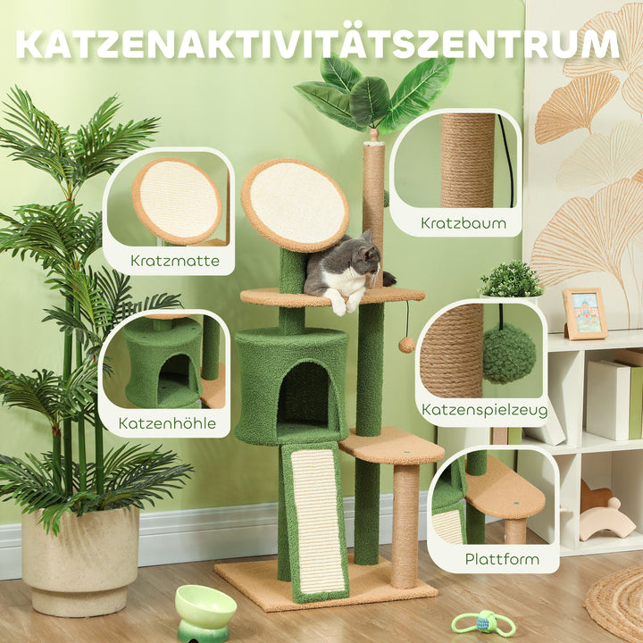 Kradsetræ, 139 cm kradsetræ med hule, legebolde, sisal kradsetræer og platforme, til to katte, grøn