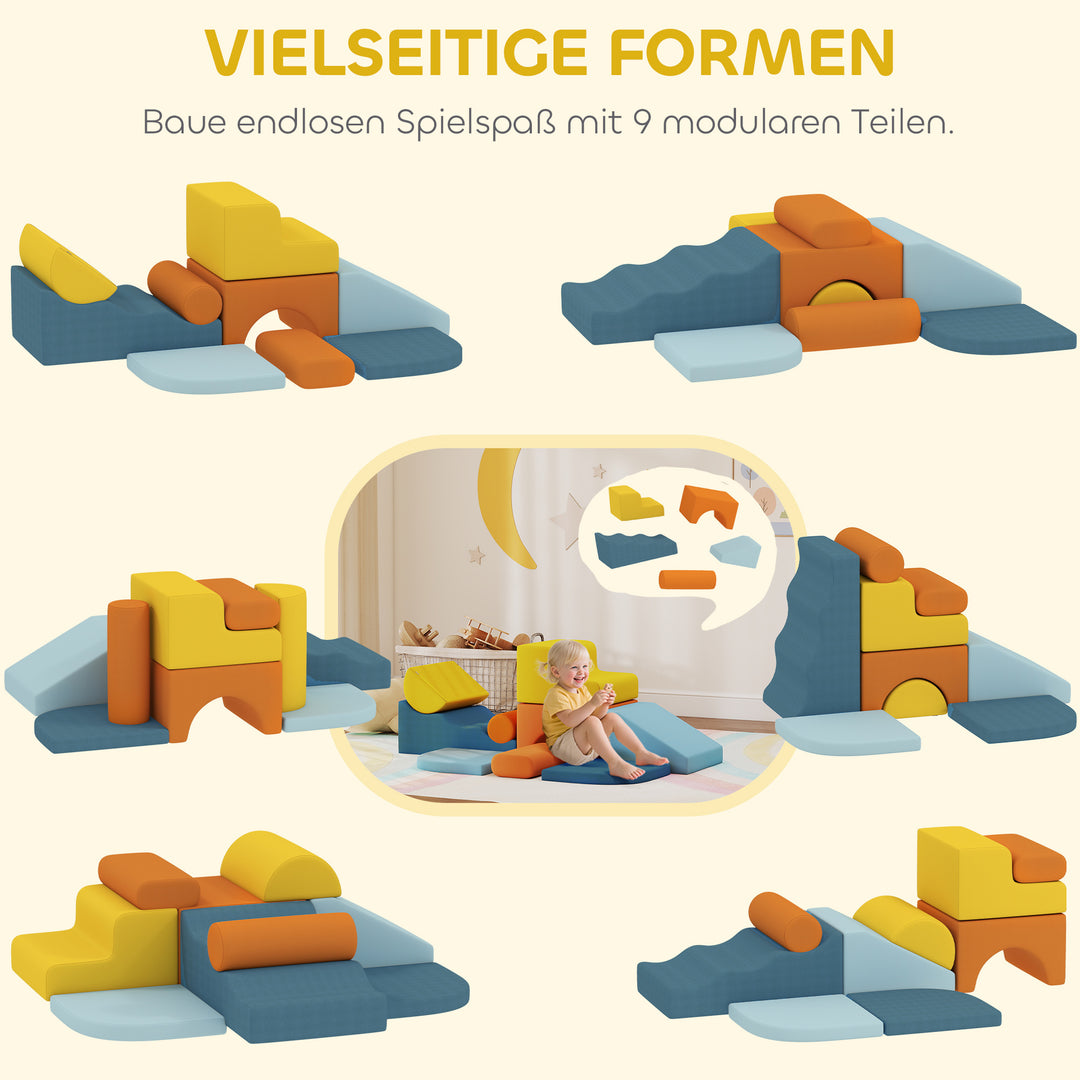 9-delt blødt byggeklodssæt, bløde klodser til at bygge og lege med, indendørs legesæt til småbørn, skum, farverig