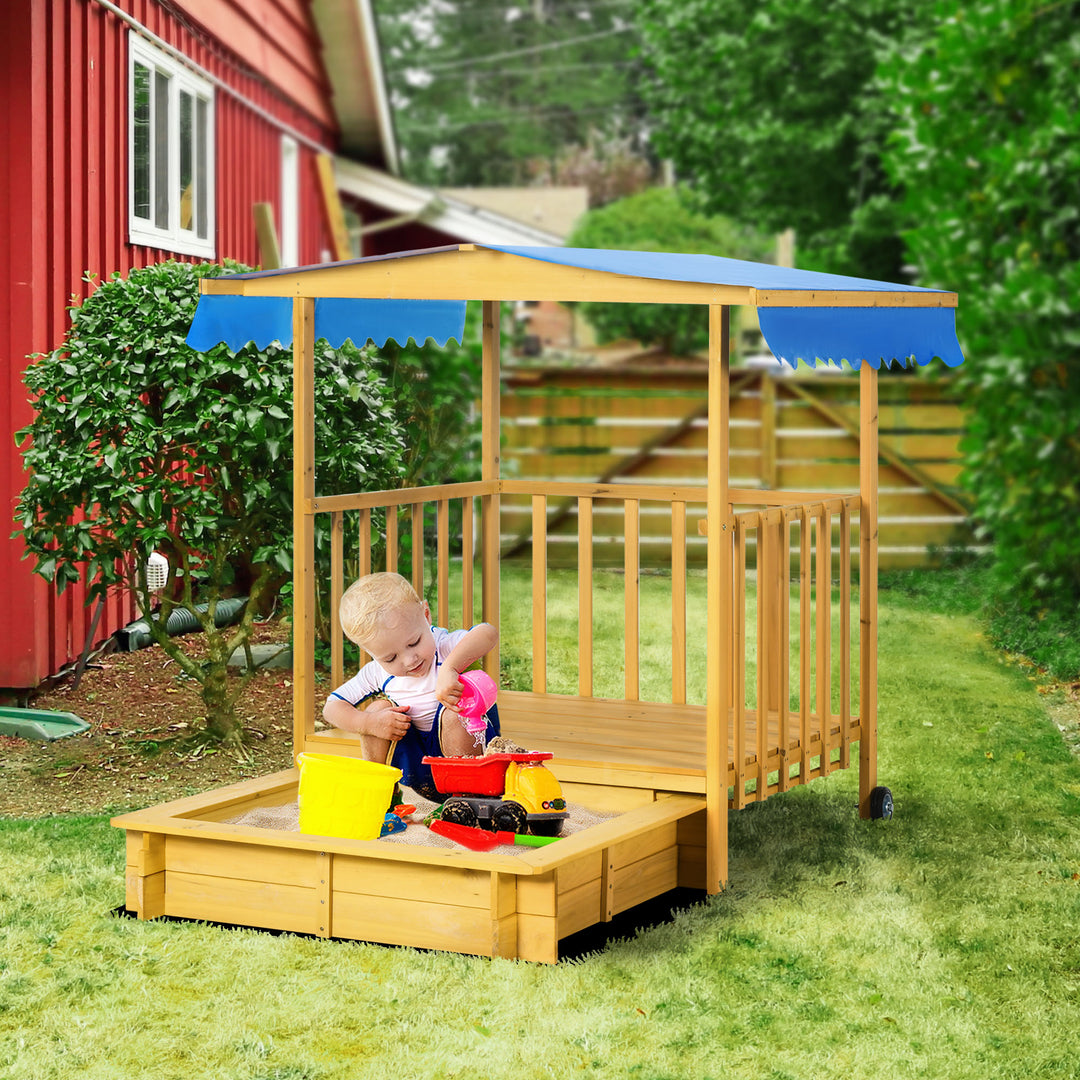 Sandkasse med legehus, sandkasse med tag, 133 x 129 x 137,5 cm, naturlig + blå