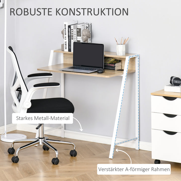 Skrivebord, computerbord med opbevaring og kabelhåndtering, moderne skrivebord med metalramme til studie, soveværelse, hjemmekontor, 84 x 45 x 85 cm, hvid + eg