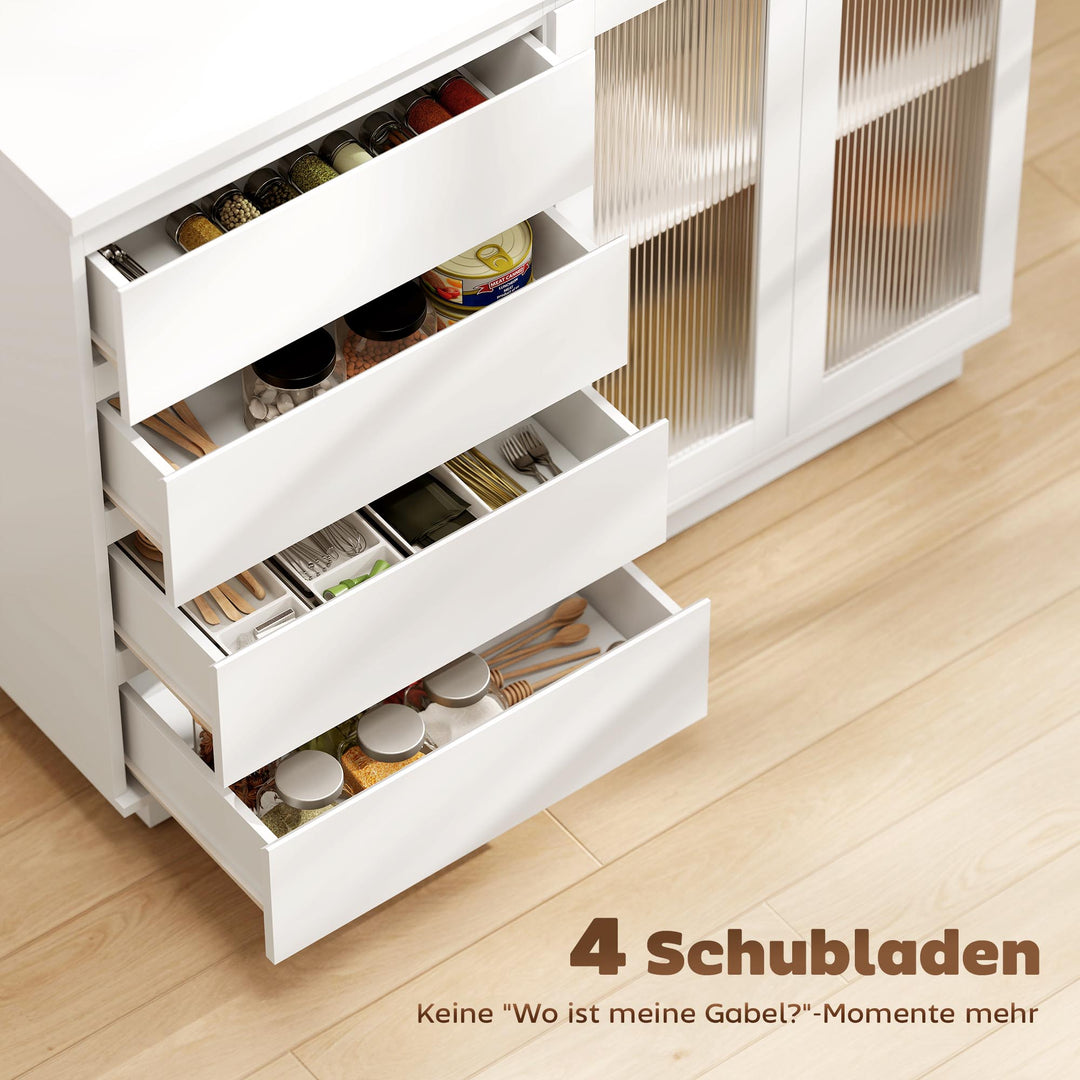 Buffetskab, skænk med 4 skuffer, 2 vitrinelåger, moderne design, MDF, hvid