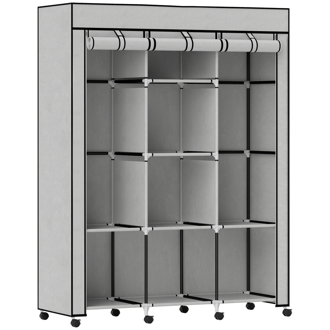 Stofgarderobe, opbevaringsløsning, 8 hylder, 2 garderobestativer, grå