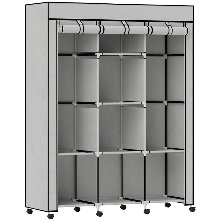 Stofgarderobe, opbevaringsløsning, 8 hylder, 2 garderobestativer, grå