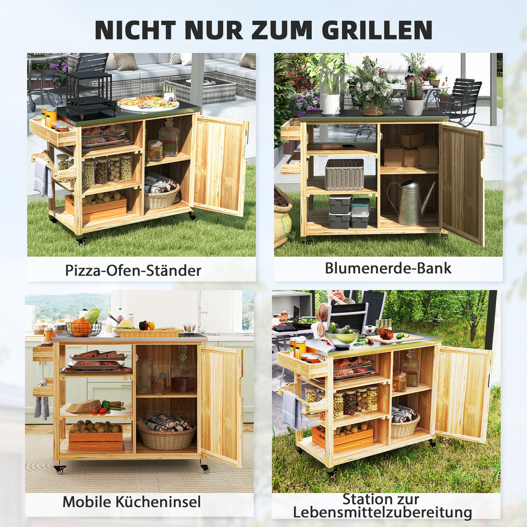 Udendørs køkkenø, grillvogn med skab og hylder, køkkenvogn lavet af træ og rustfrit stål, med hjul, naturtræ