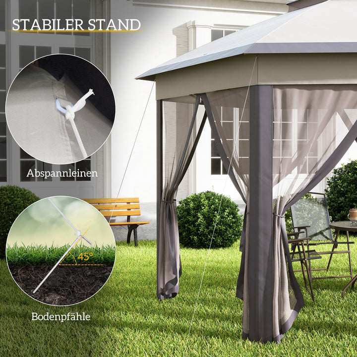 Havepavillon, foldbar pavillon, 4 x 4 m pop-up telt, partytelt inklusive bæretaske, 6 sidepaneler, dobbelt tag, sekskantet, beige