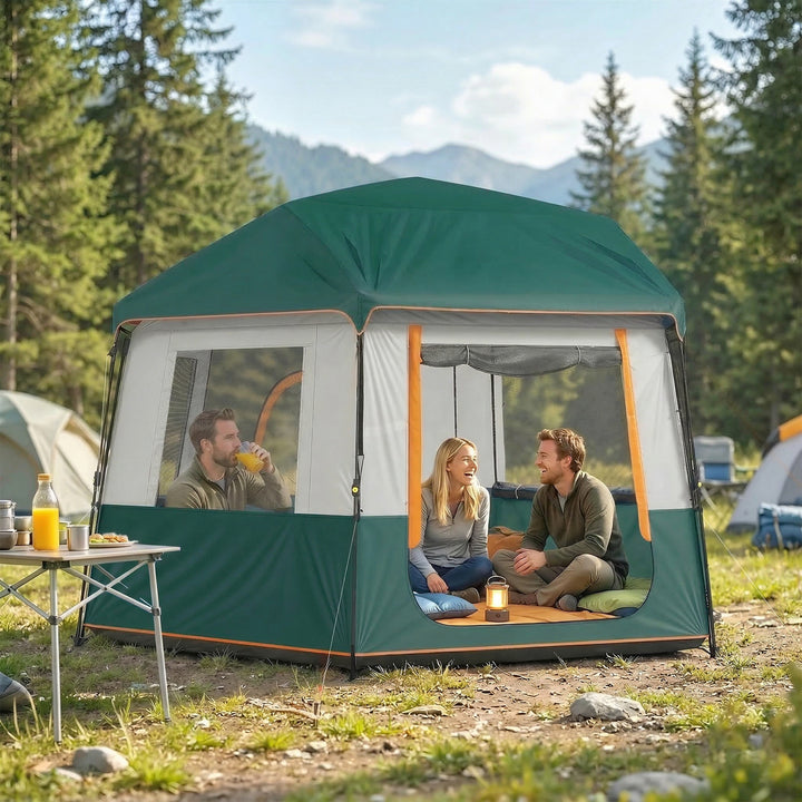 Campingtelt til 4-6 personer, stabilt 3000 mm vandtæt familietelt med aftageligt topdæksel, UV30+ beskyttelse, grøn