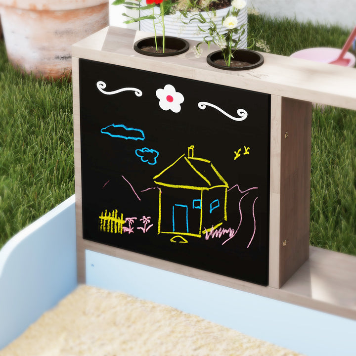 Sandkasse med baldakin, butiksdesign, bænk, tegnebræt, fyrretræ, 104h x 108l x 90b cm, blå