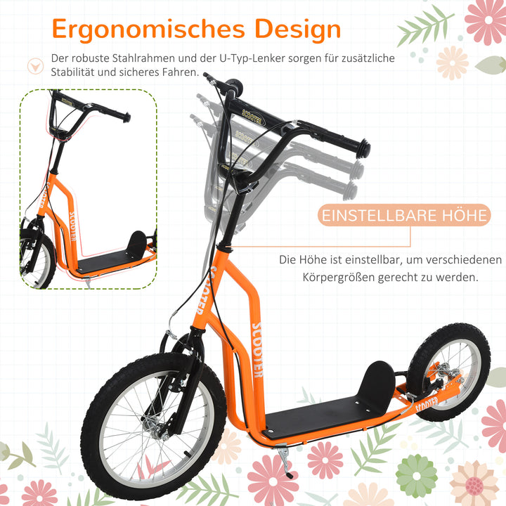 Børneløbehjul fra 5 år løbehjul spark løbehjul city scooter børneløbehjul kickboard med luftgummidæk 16/12 tommer orange 135 x 58 x 88-94 cm