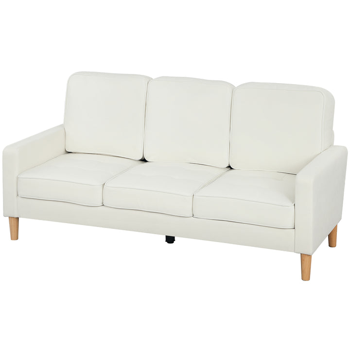 3-personers sofa med tykke hynder, gummitræ, stofbetræk, polstret sofa til stue, kontor, soveværelse, cremehvid