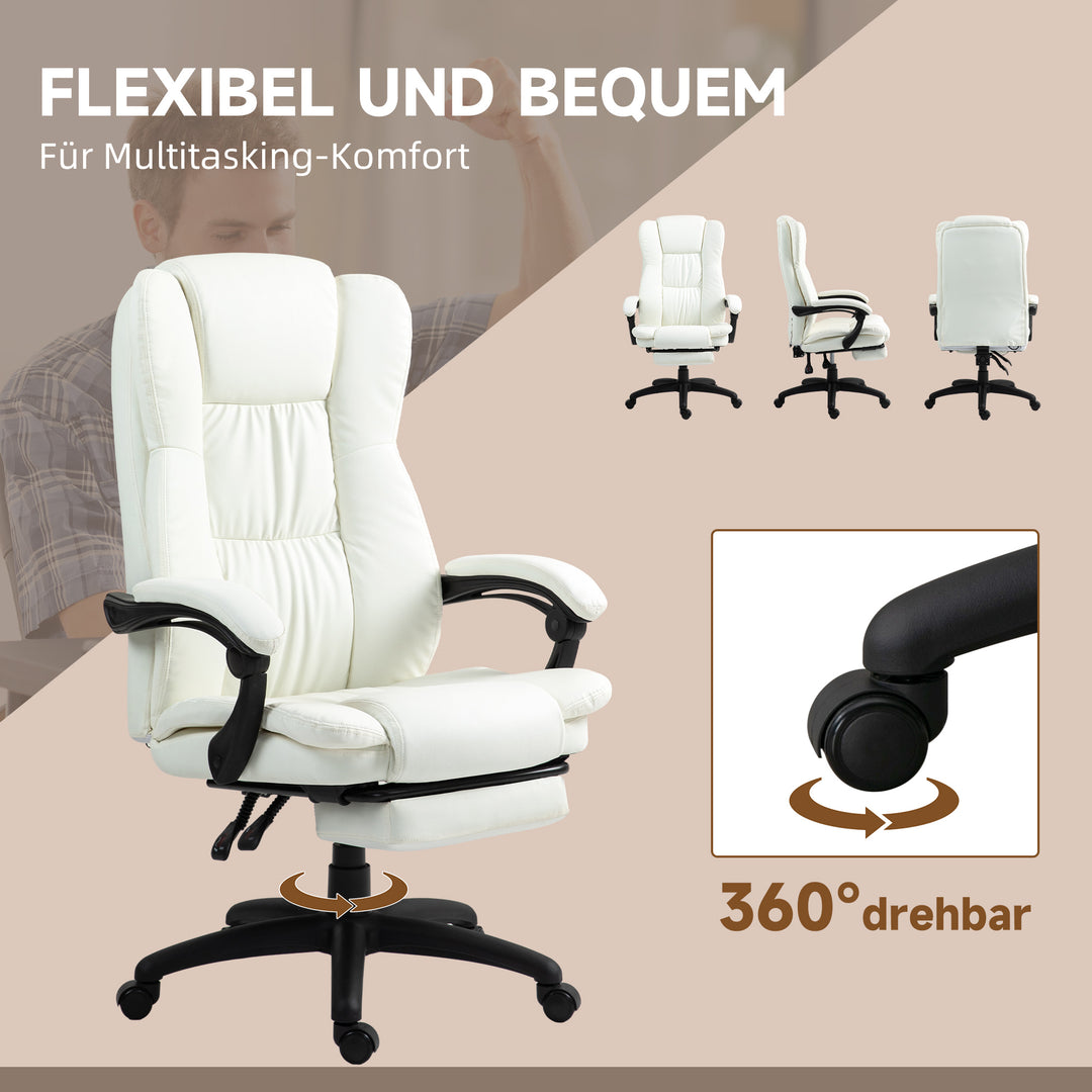 Justerbar drejestol med fodstøtte, nakkestøtte, massagefunktion, kunstlæder, 68,5x68,5x113-121cm, cremehvid
