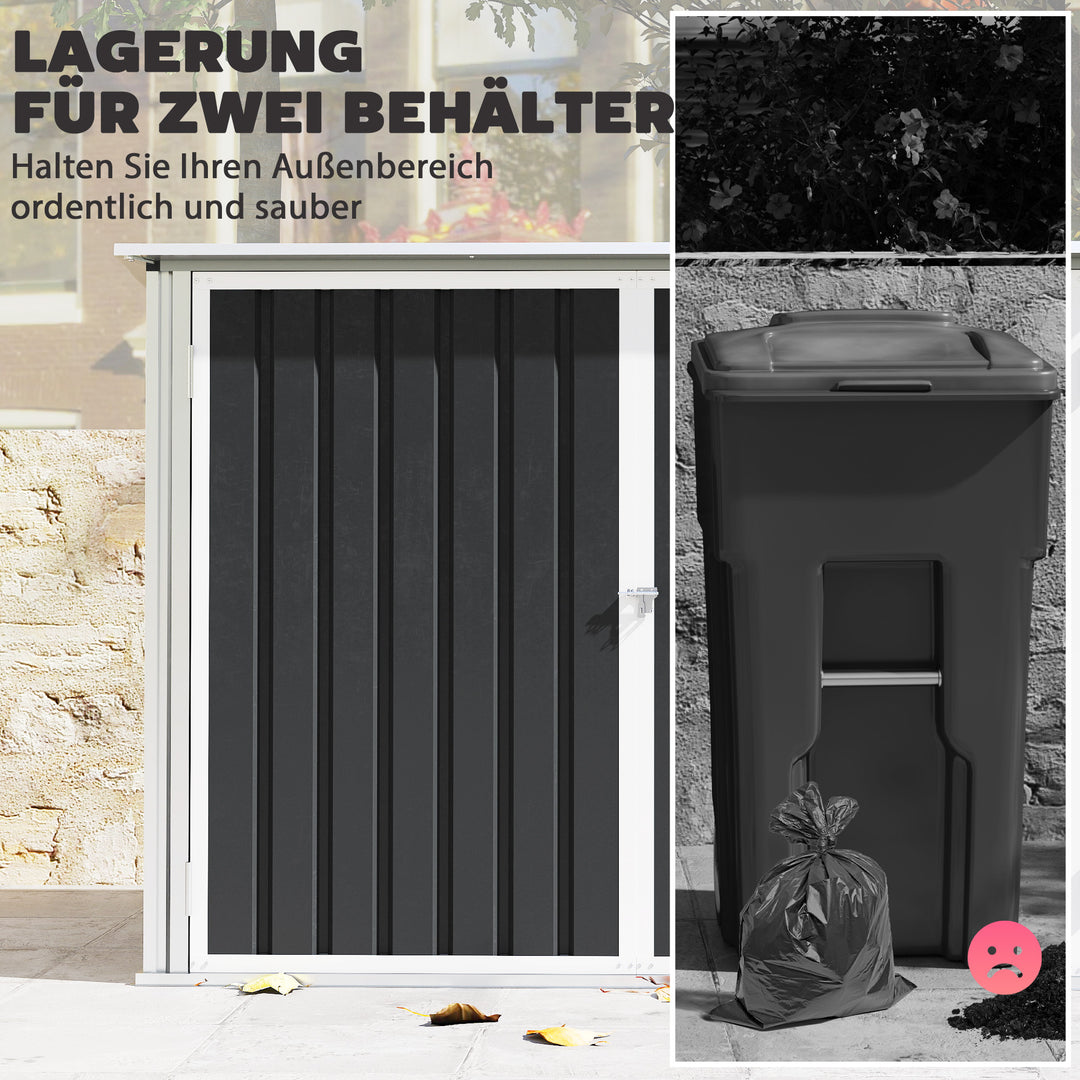 Affaldsopbevaringsenhed til 2 skraldespande fremstillet af galvaniseret stål. Affaldsopbevaringsenhed med hængslet låg, gasfjeder, dobbeltdør, ventilationsåbninger.