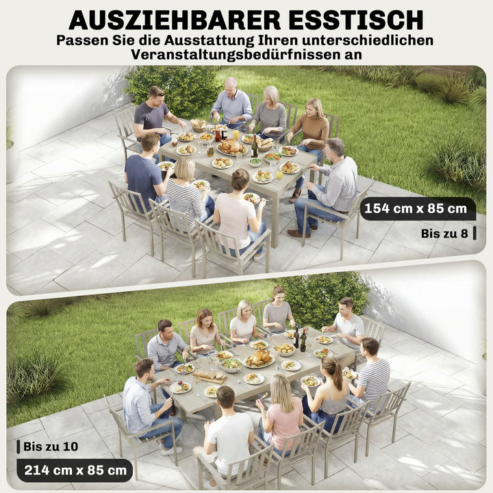 Udtrækkeligt havebord 154/214 x 85 cm, aluminiums spisebord til 8-10 personer med trælook, lysegrå