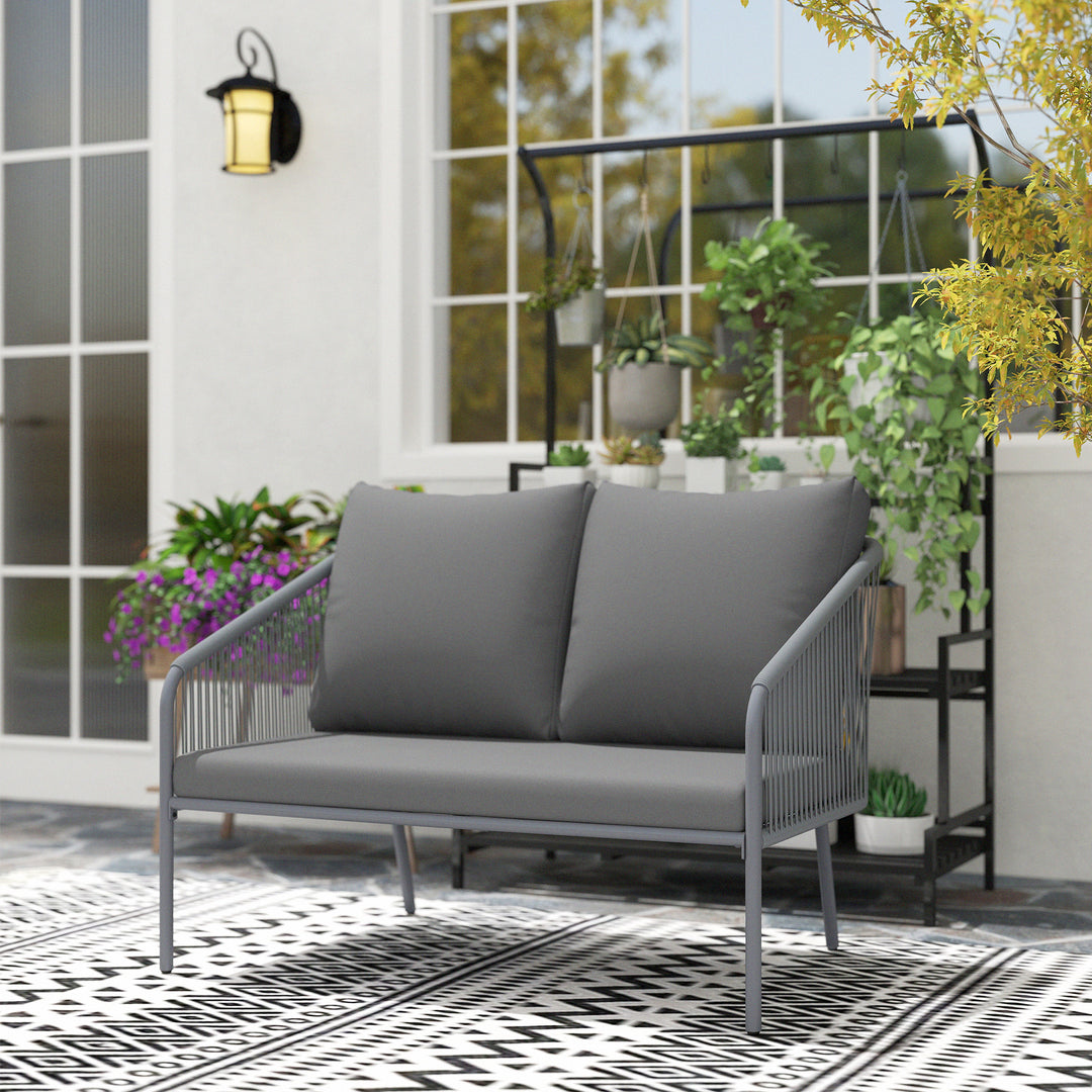 Havesofa med hynder, 2-personers rattansofa, loungesofa, udendørs balkonsofa, 112 x 72 x 76 cm, grå
