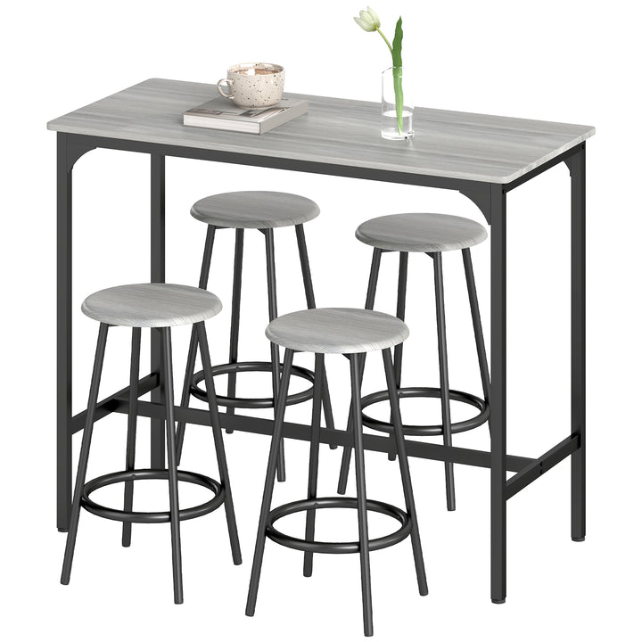 5-Delt barsæt med bord og 4 skamler, industrielt design, kompakt, rustikt
