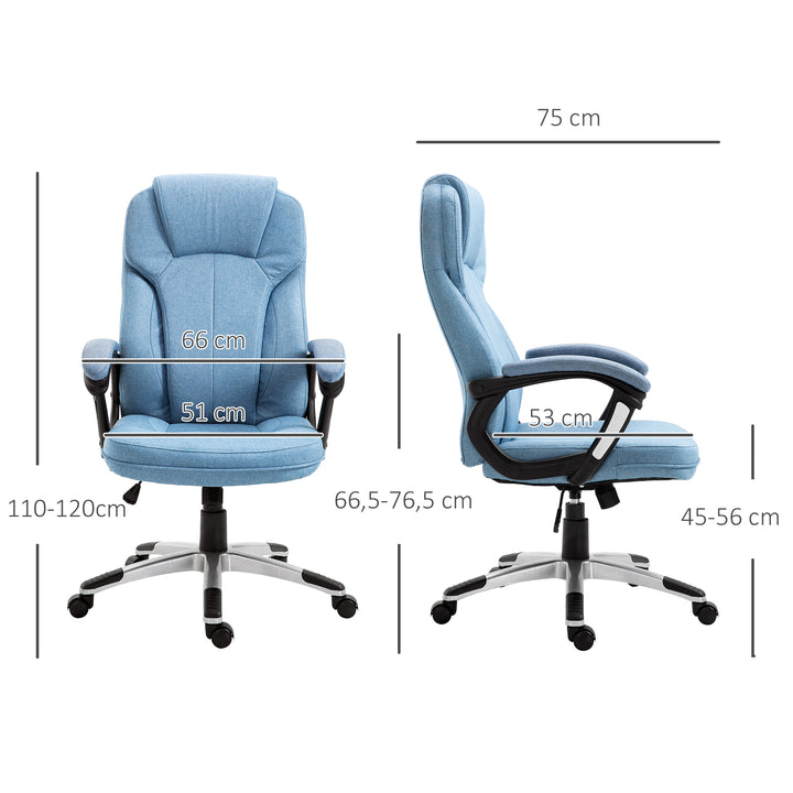Kontorstol, computerstol, drejestol, højdejusterbar, vippefunktion med nakkestøtte og polstrede armlæn, ergonomisk, lyseblåt hør, 66 x 75 x 110-120 cm