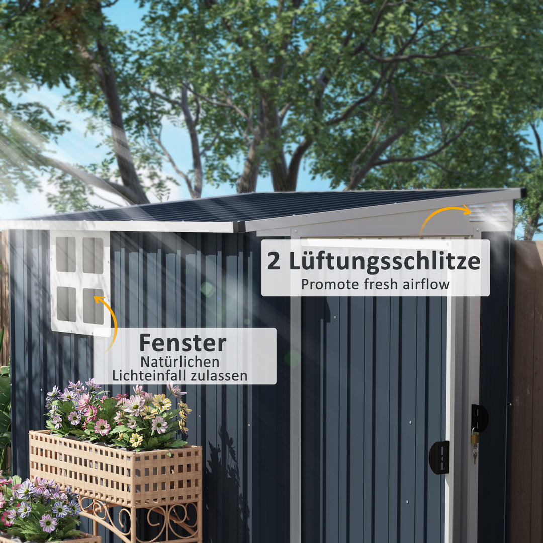 Haveskur, redskabsskur til haveredskaber, vinduer, ventilationsåbninger, aflåselig, stål, mørkegrå